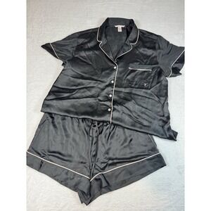 Victoria Secret Black Button Down Silky Pajama Set Short Sleeve Size Large